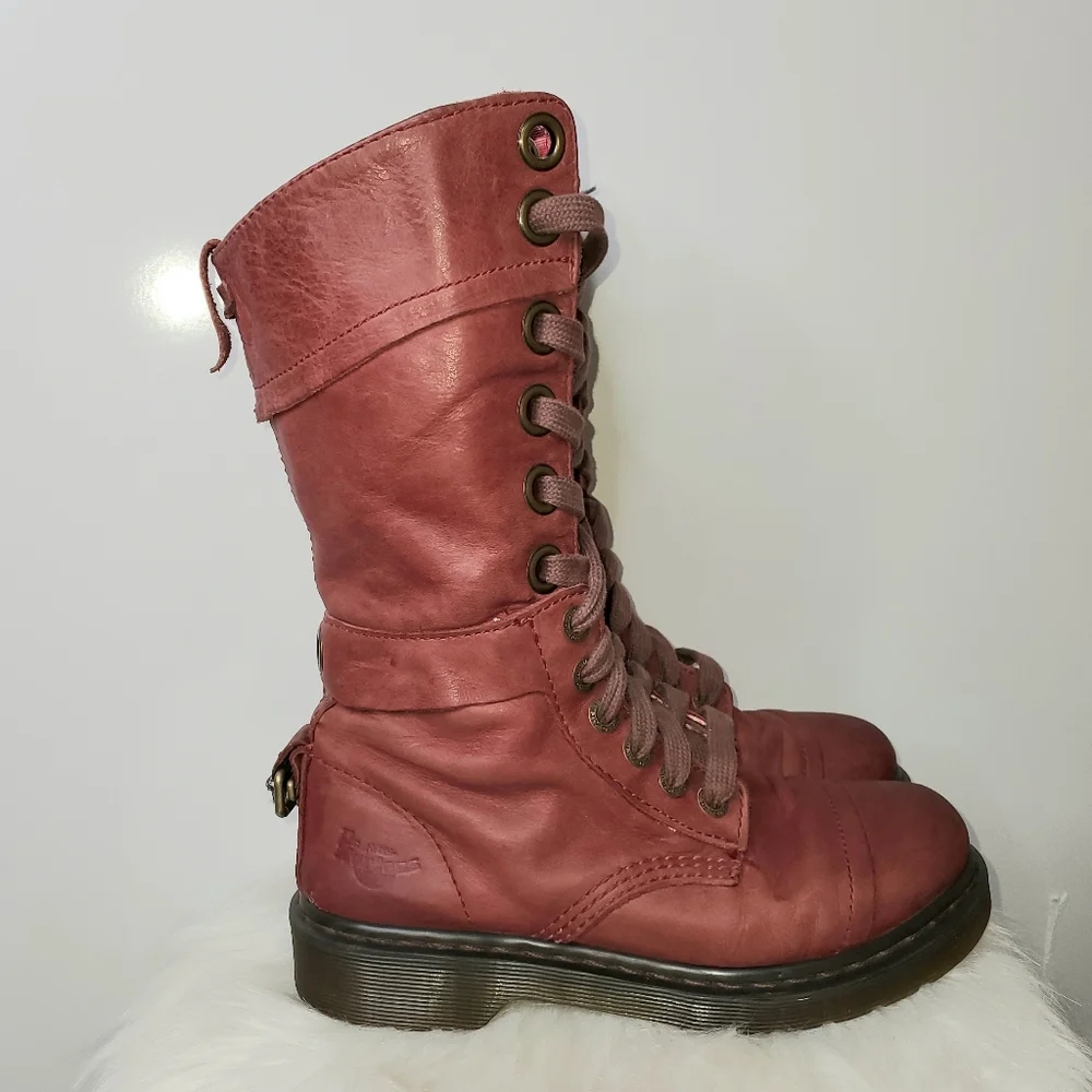 DR MARTENS Red Triumph Leather Floral Lace Up Foldable Boots 1914 W Size 6 - Picture 2 of 13